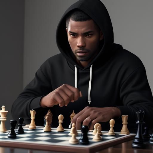 black man wearing a black hoodie playing chess with his hand moving a ...