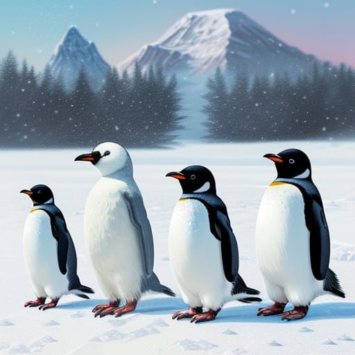 Cartoon Penguins Stroll Through Winter Wonderland