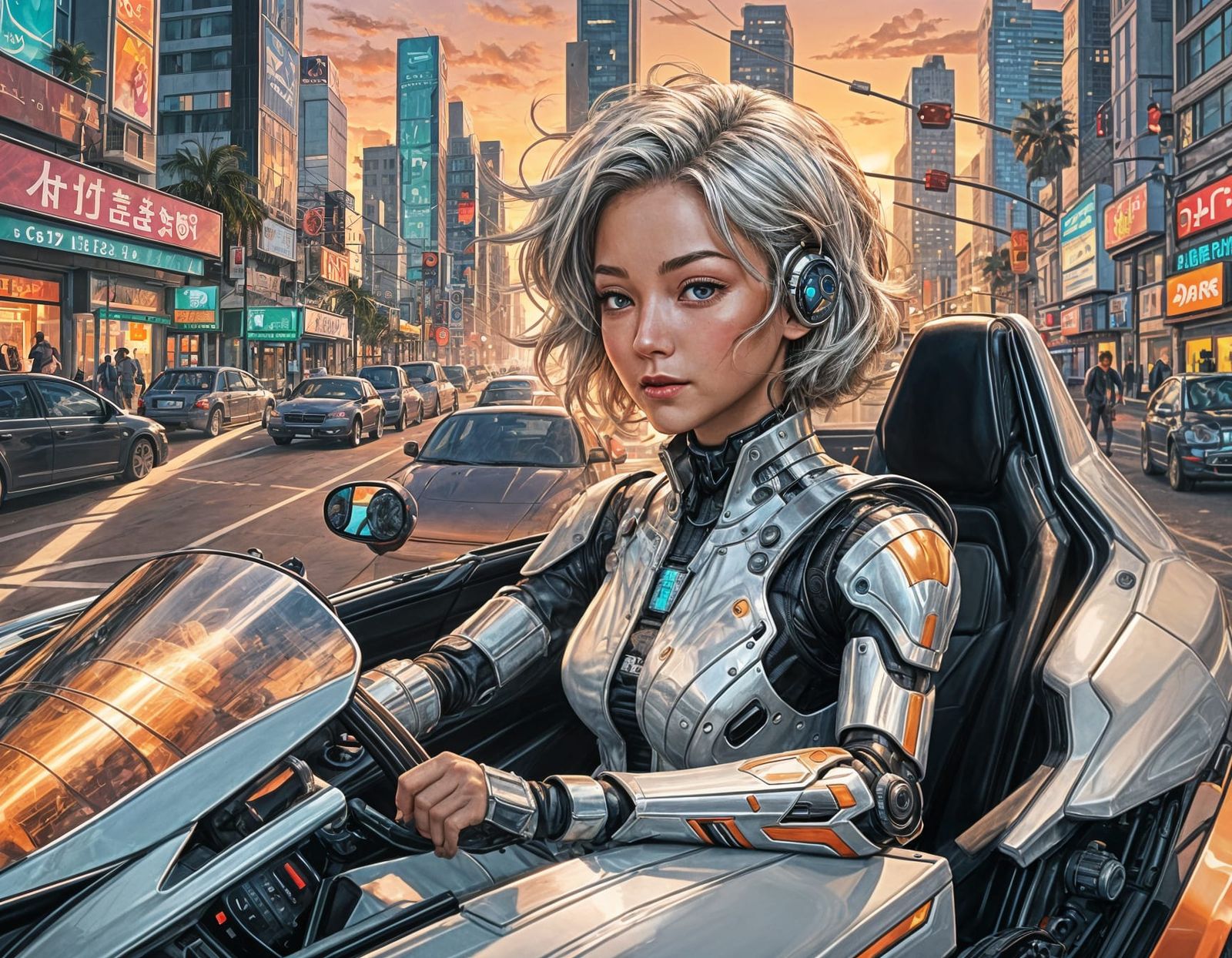 Cyborg driving a futuristic car in the streets