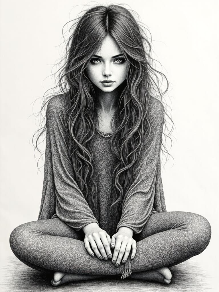 <lora:Scratchboard:1.0> <lora:Midjourney girls:1.0>  scratchboard art, very fine lines, intricate details, female gypsy woman, sitting cross...