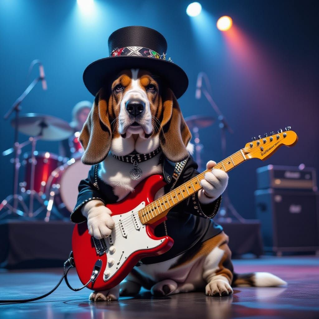 Basset hound dressed as a rock star with a concert stage background  by @Trish