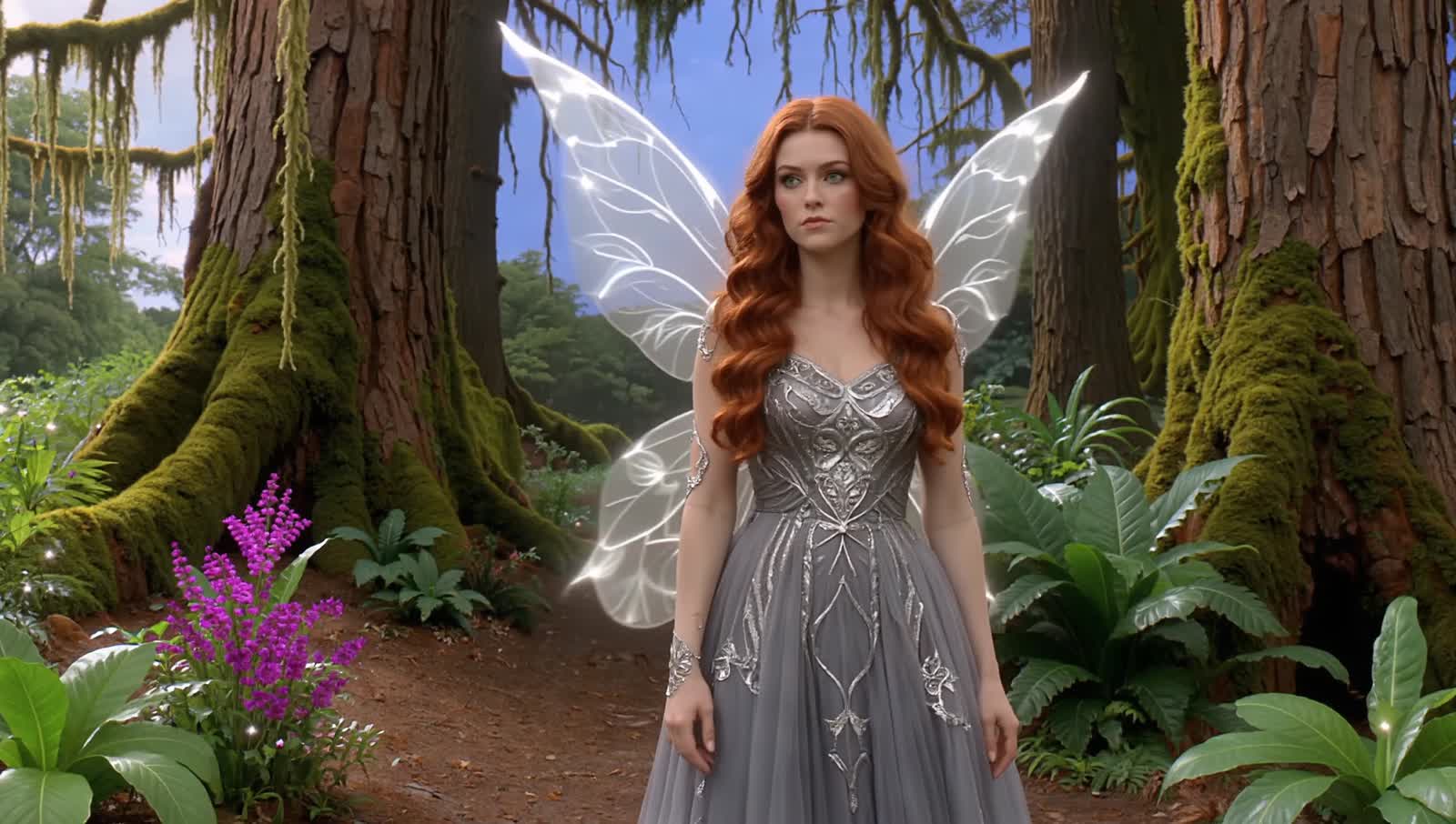 A 30-something redhead with long, wavy auburn hair and light green eyes stands confidently in a vibrant, otherworldly fo...