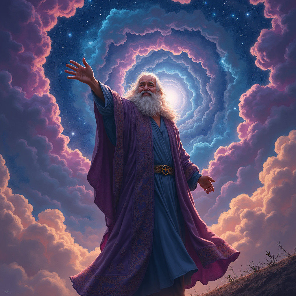 Smiling Man in Psychedelic Cosmic Dreamscape