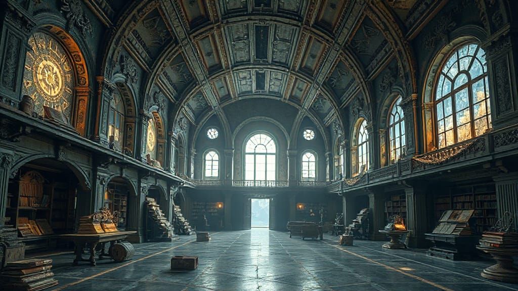 An ancient, forgotten library on a distant planet, filled with glowing alien texts and celestial orreries. The architecture is grand and orn...