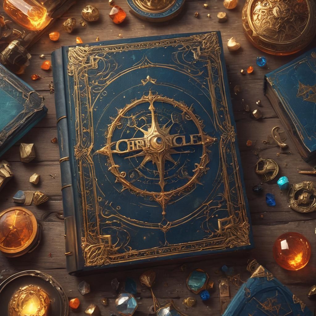 image of a rulebook cover having in the middle a logo " Spellcaster'' and above it ''The Chronicle Horizons''. gems, magic books and magical...