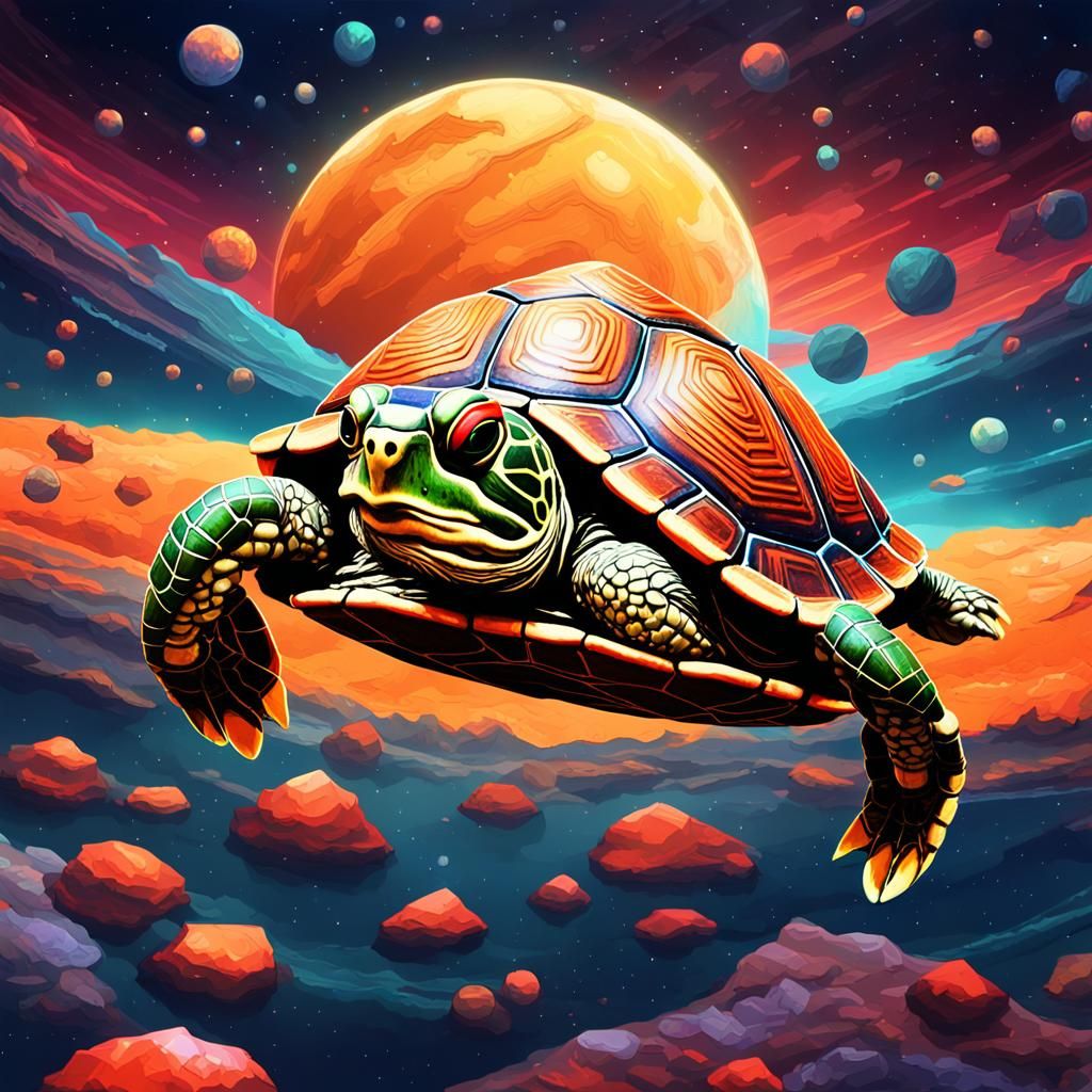 Red-eared Slider Turtle In Outer Space Wearing Spacesuits. Unreal 