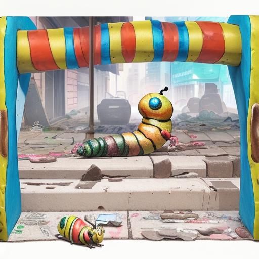 Papiermâché caterpillar crawling around a close up of a dirty city