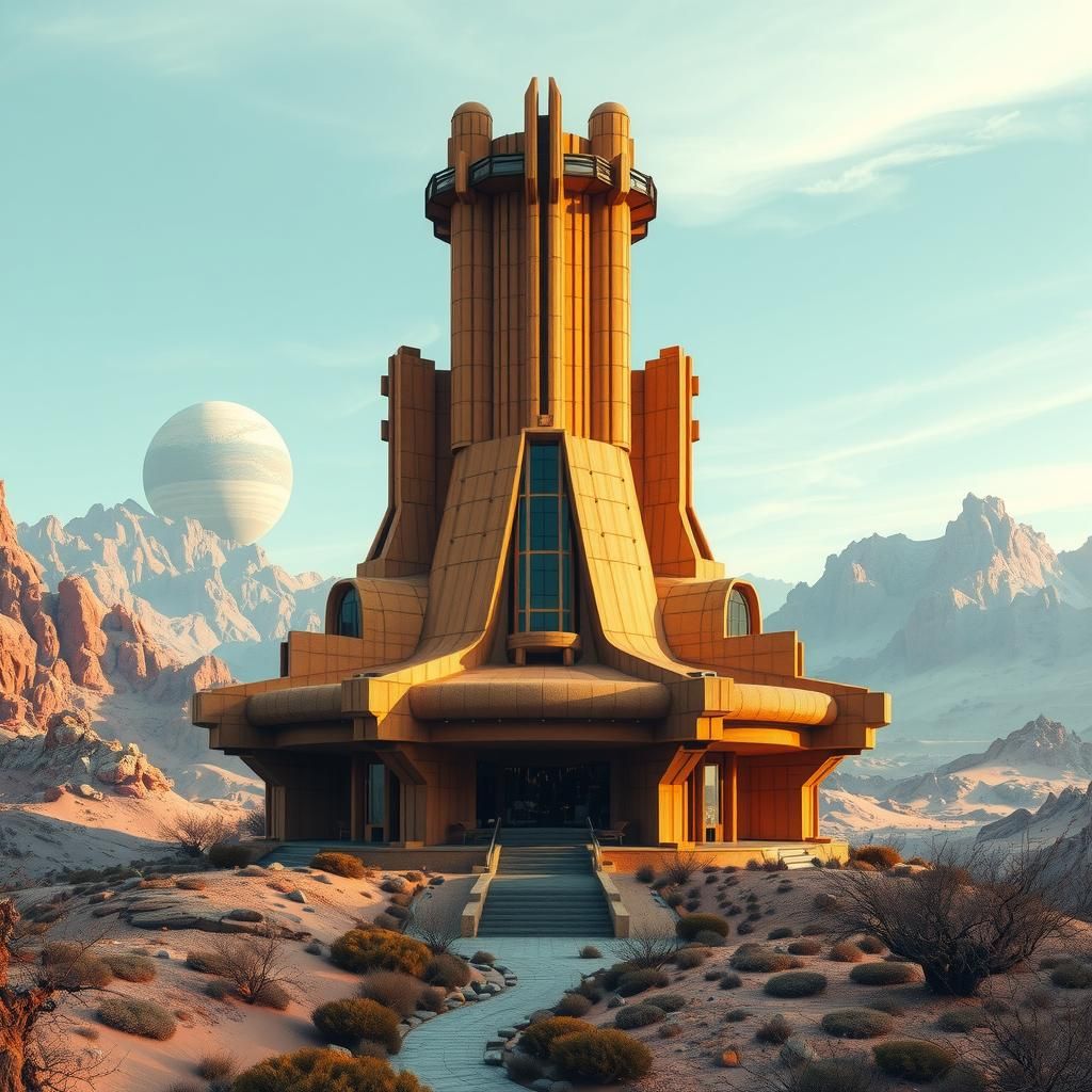 Futuristic Brutalism architecture, located in the middle of a valley of an alien planet