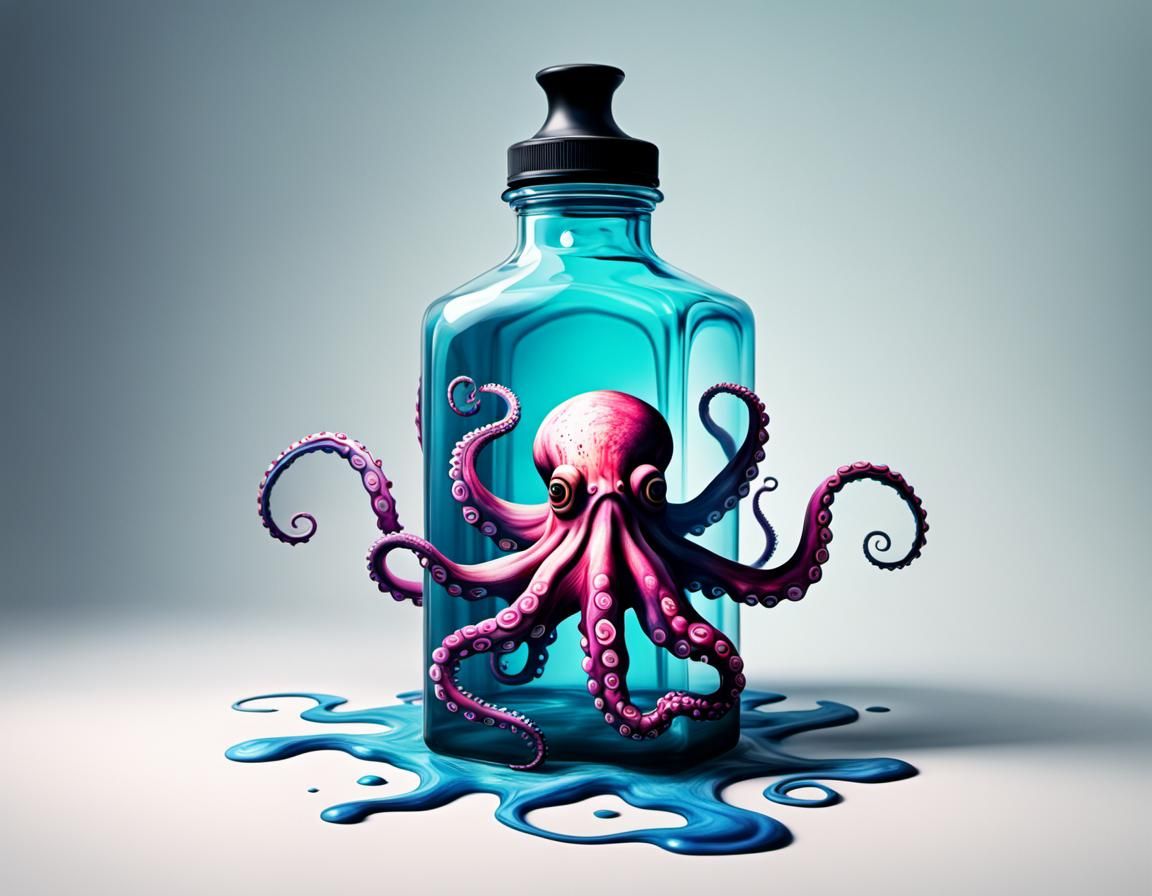 indelible ink bottle, octopus crawling out the open top of t...