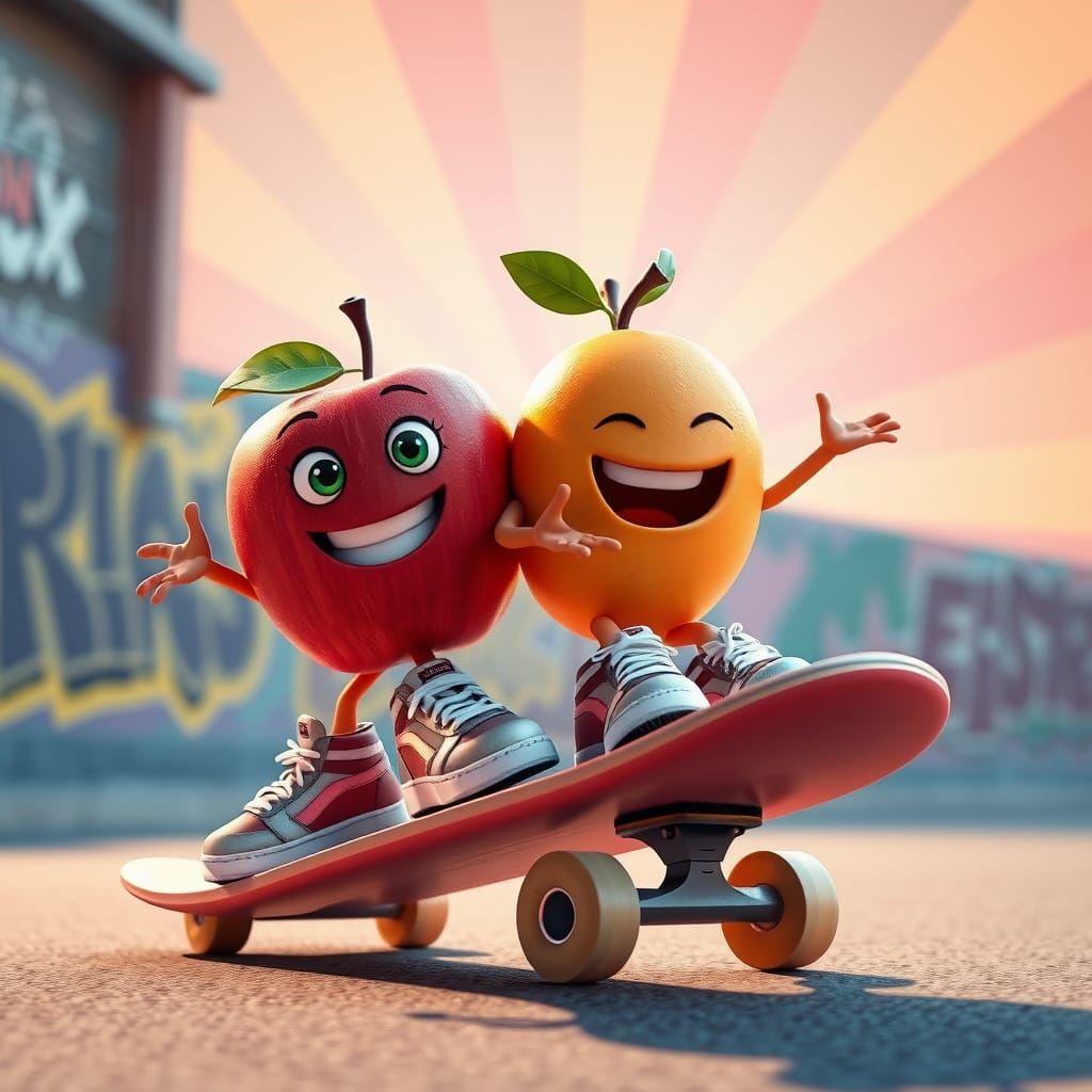 Two fruits wear sports sneakers, a red apple and an orange orange in a fun scene of friends sharing a ...  by @esmirquinn