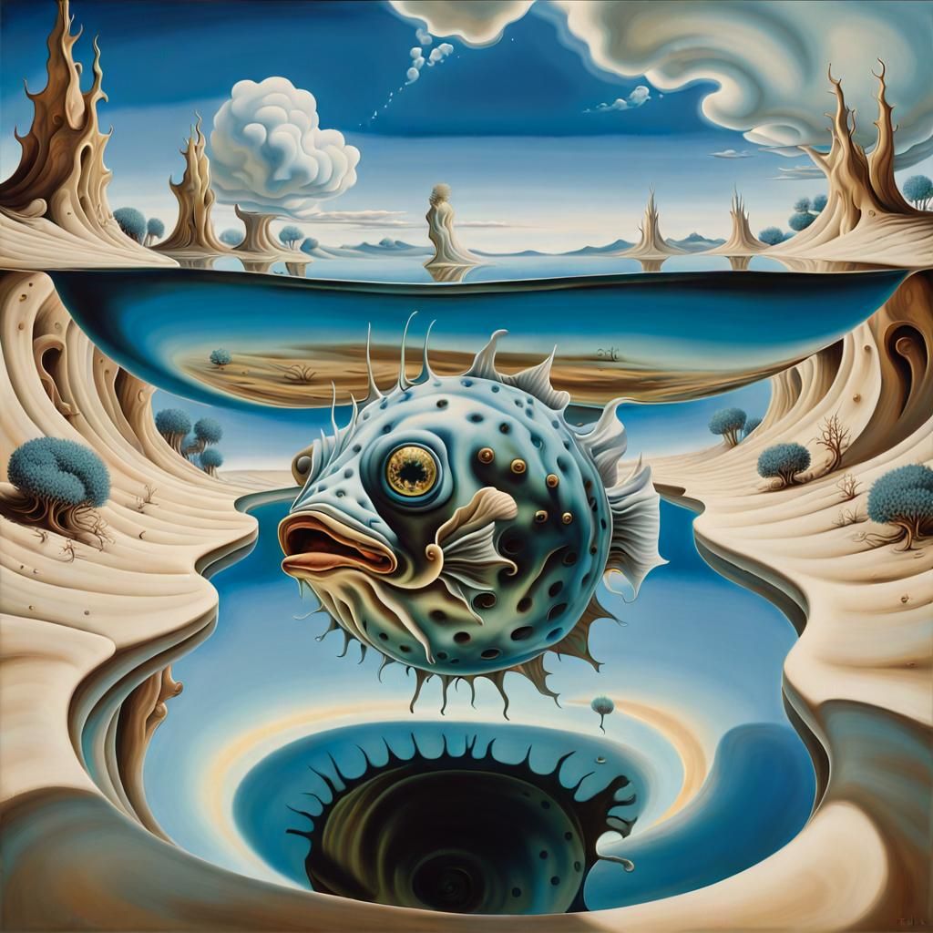 Surreal Landscape with Glass Pufferfish and Weeping Cat