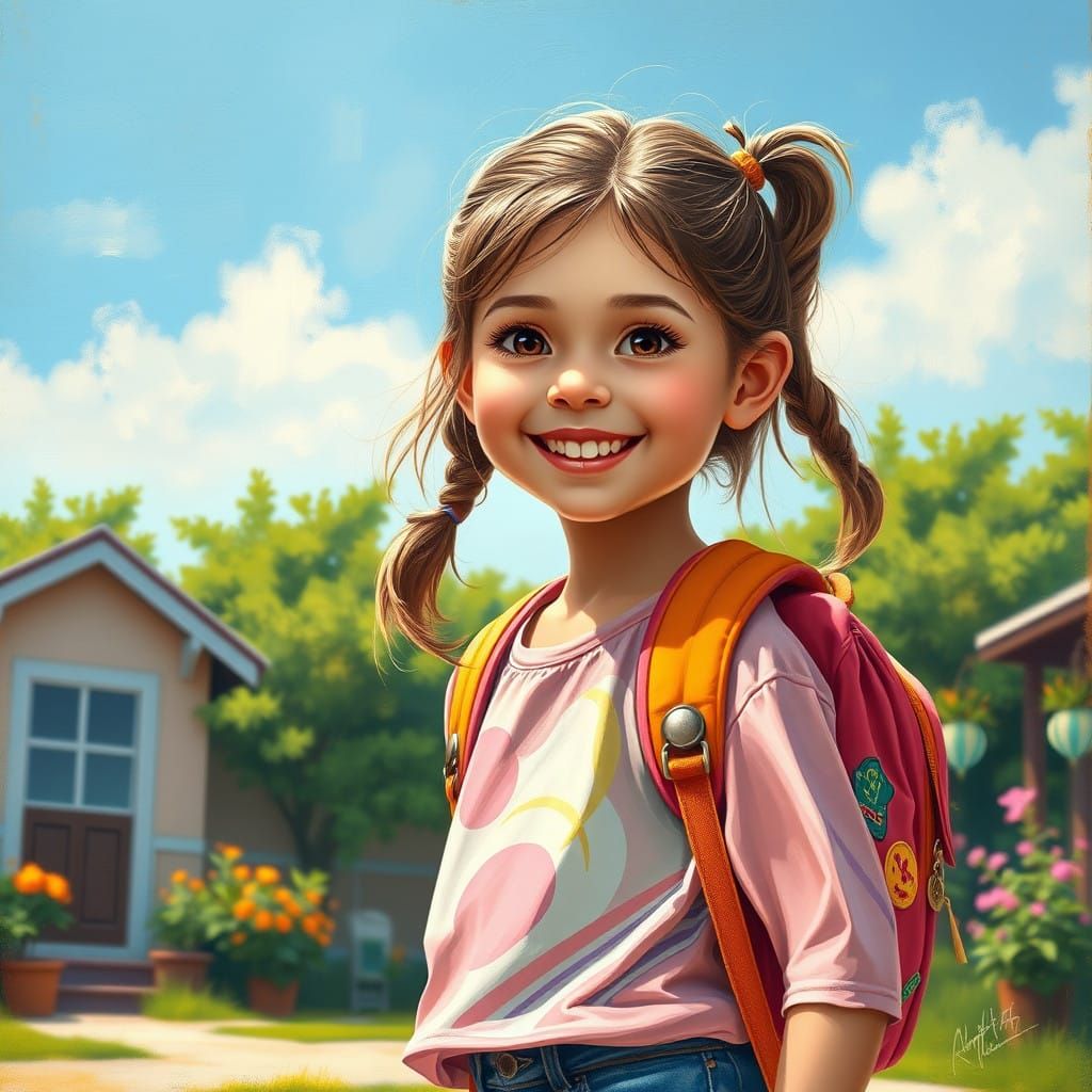 Girl with Backpack: Heartwarming Oil Painting in Fantasy Sty...
