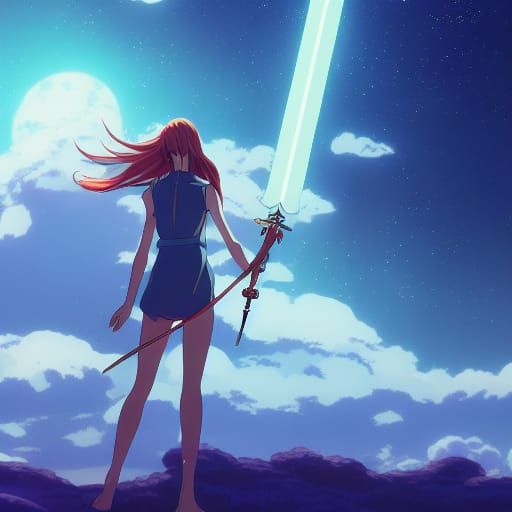 tall long hair woman with sword in space with stars