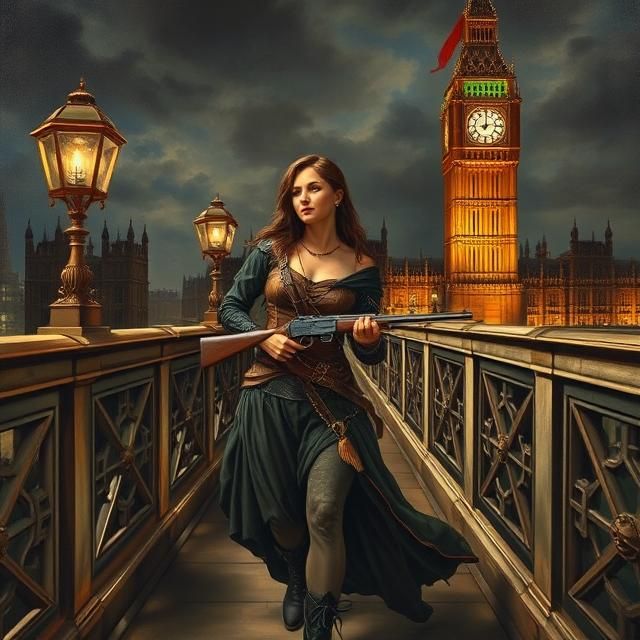 FEMALE ASSASSIN'S CREED WALKING ON LONDON BRIDGE HOLDING A F...