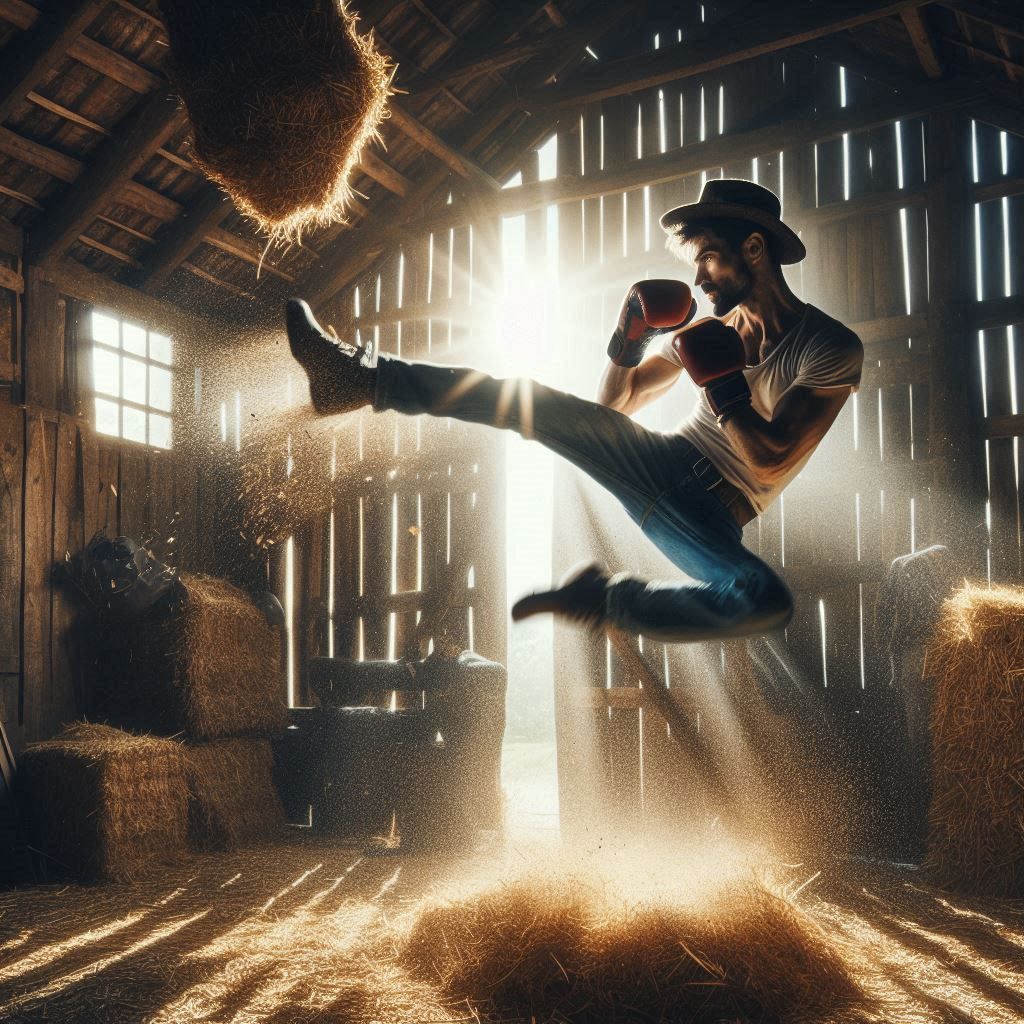 Kickboxing practice on the farm.