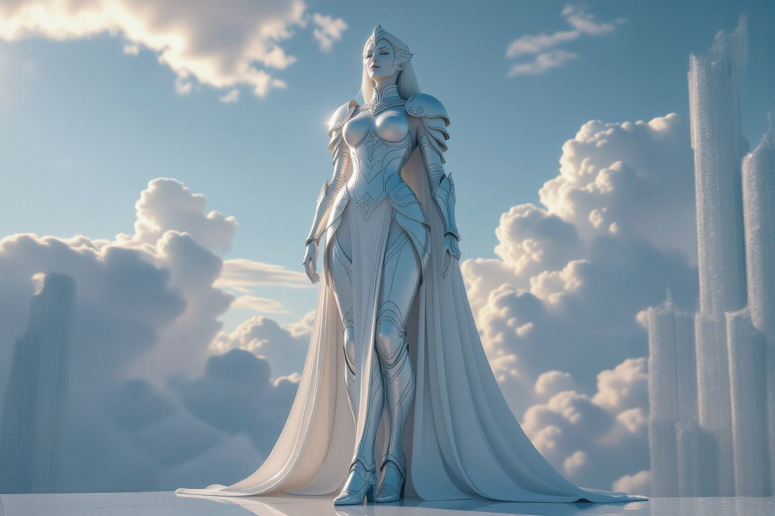gigantic godlike full body statue of a beautiful woman adorned in elegant futuristic translucent armor in the far future. seen from POV besi...