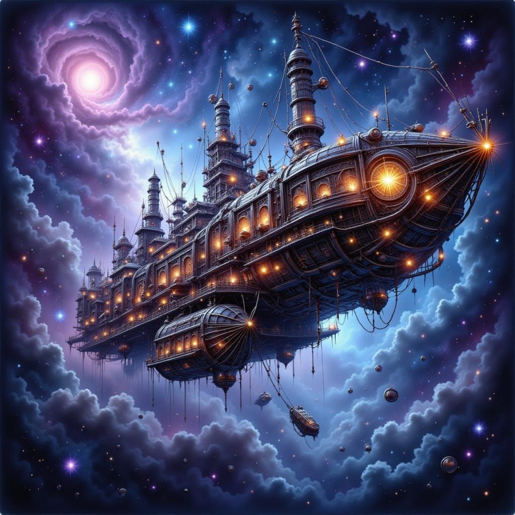 Steampunk Airships in Nebula, Cinematic Space Opera Style