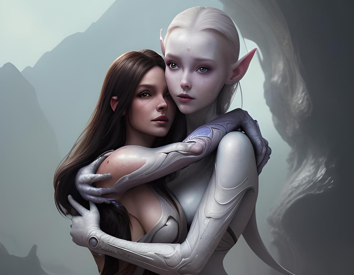 beauty brunette and white skinned alien lady hug