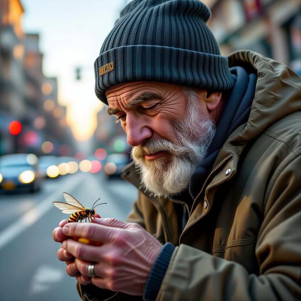 Hyperrealistic Old Man Plays with Ant on Road