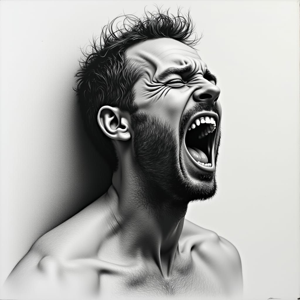 Detailed charcoal drawing of A Man Screaming (Flux)