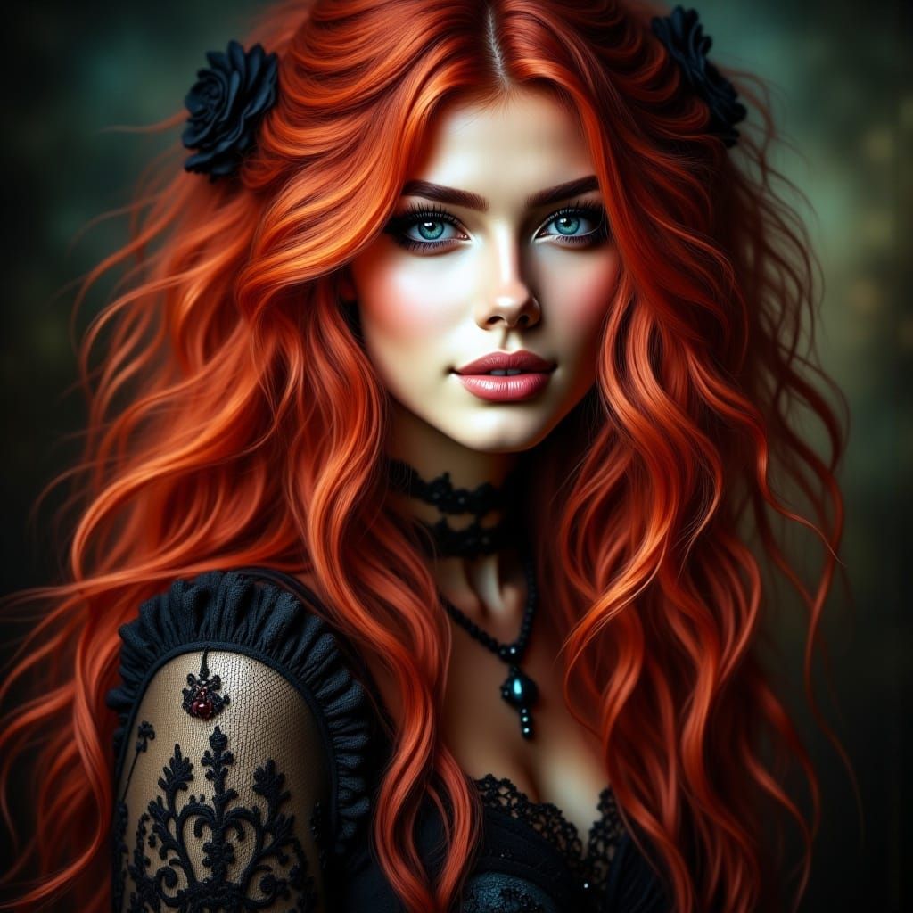 <lora:Beautiful women:1.0> portrait of a beautiful stunning red haired woman in elegant Victorian clothing dark goth influence bokeh grunge...