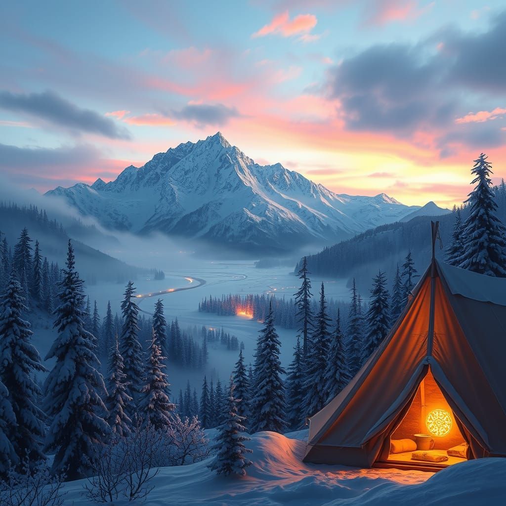 A serene winter landscape with a towering snow-capped mountain range, its peaks glistening under a twilight ...  by @SuddenPlanet