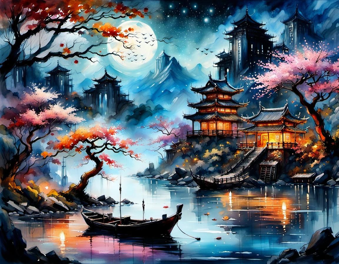 "epic chinese landscape trending on art station cinematic glowing twilight nighttime blue moon large ...  by @Kindly Offer