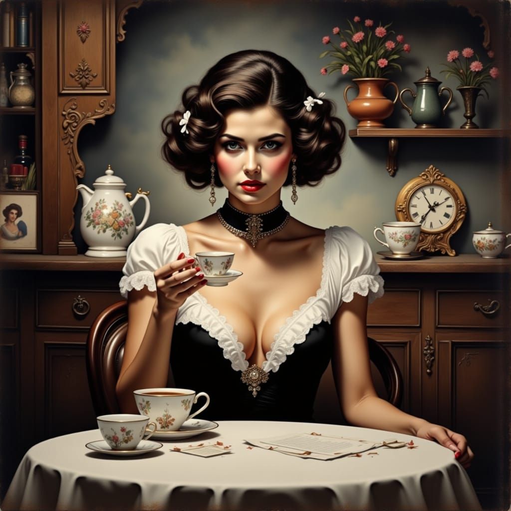 Elegant Woman in Retro Art Deco Kitchen