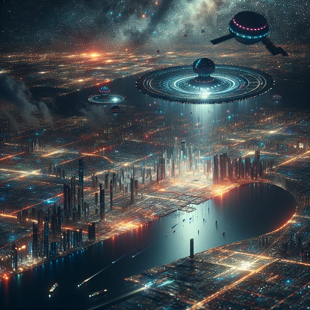 Современный мегаполис звёздной ночью с высоты птичьего полёта, весь сияющий огнями, которые отражаются в озере,  в воздухе парит космический...