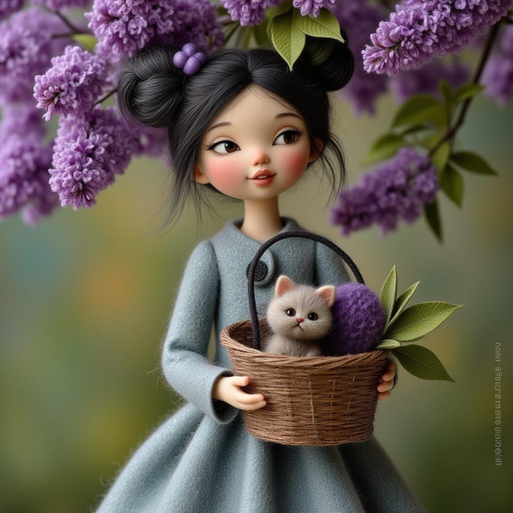 <lora:WOOLEN WORLD FLUX:1.0> a porcelain-textile woolen doll-like girl holding a basket with a cute cat inside, smiling, under a purple lila...