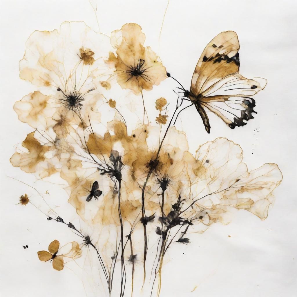 Ink drawing, splatter art. Close-up. Dried flowers and Butterflies on a white fabric. Macro. Delicate ...  by @Fennec64