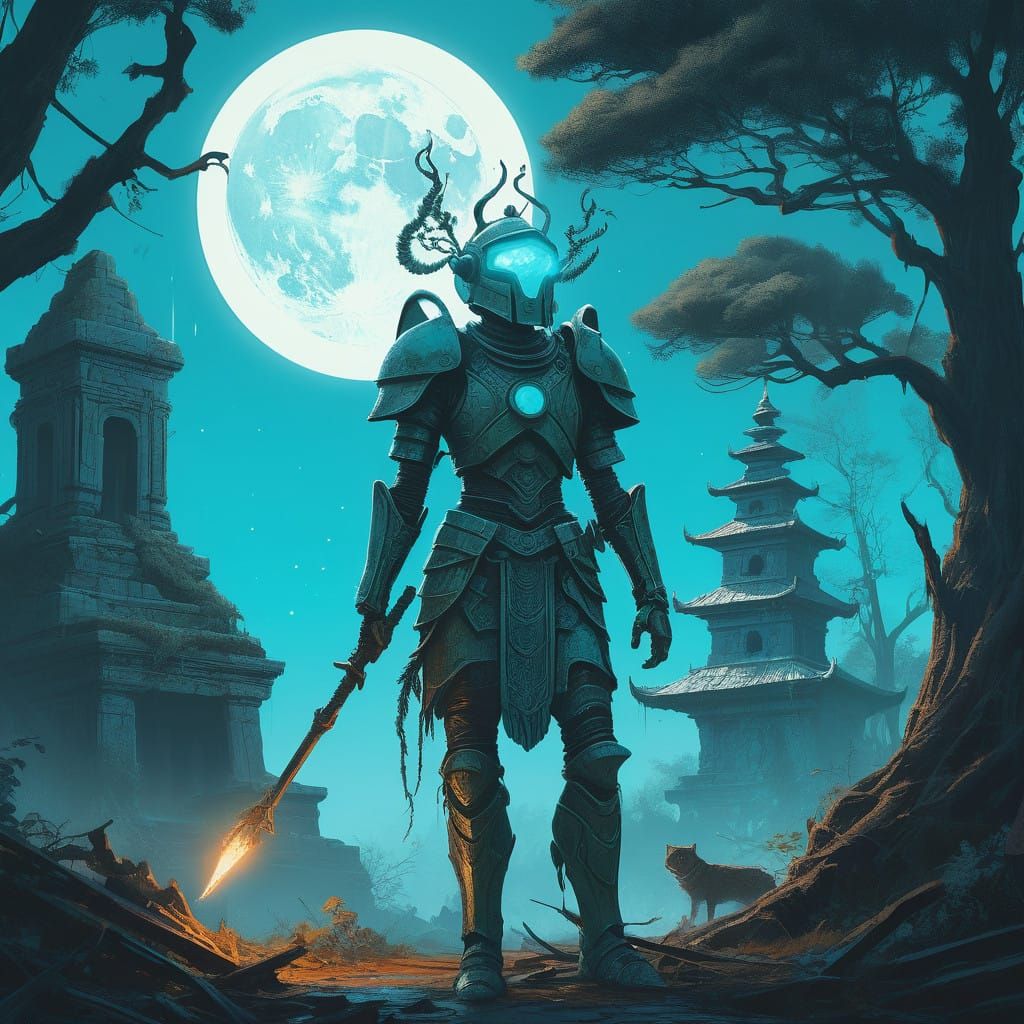 Mystical Archeress in Turquoise Armor Stands atop Ruined Tem...