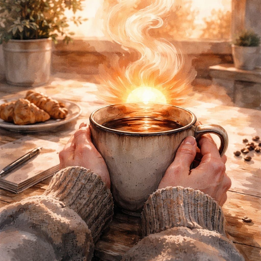 A steaming mug of coffee rests on a kitchen table. Cold hands are wrapped around the mug. A vivid morning ...  by @Joy