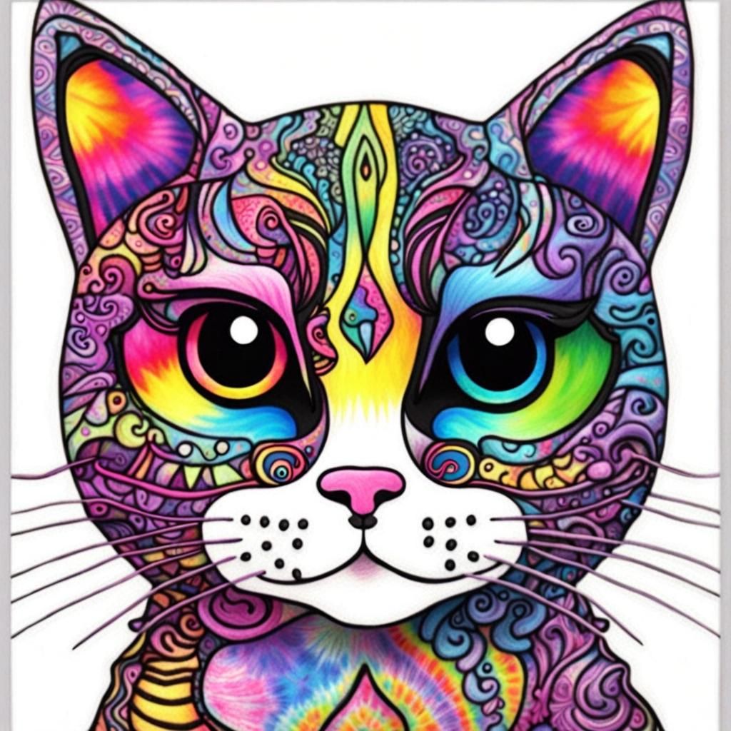 Cat, zentangle, colors Lisa Frank, tie dye background, 3D 8K...