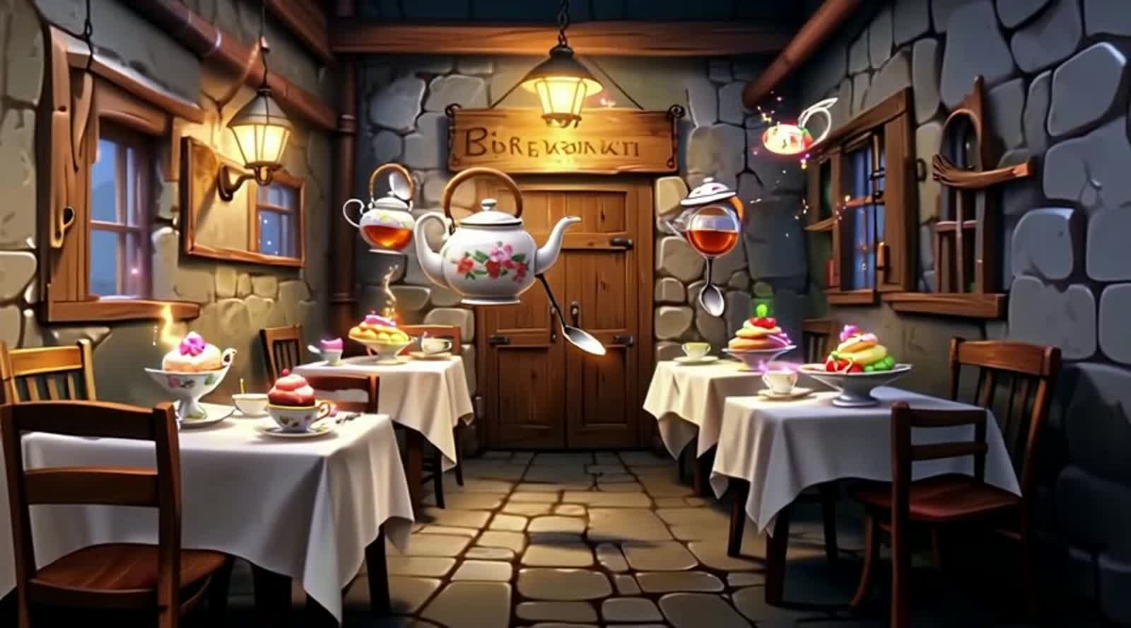 A mystical café hidden in a cobblestone alley, enchanted teapots float between tables while glowing desserts illuminate ...
