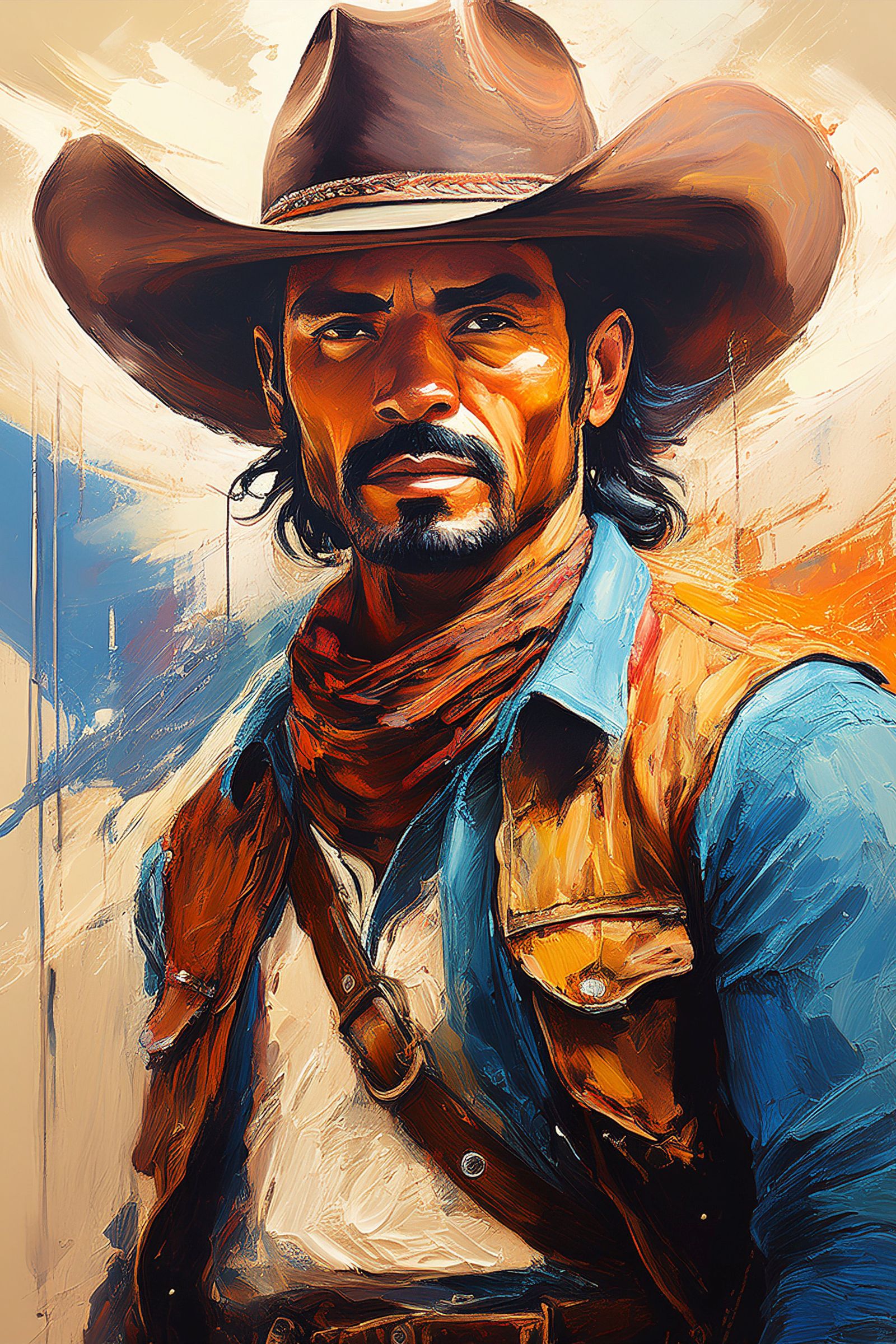 An impasto abstract painting of a rugged cowboy