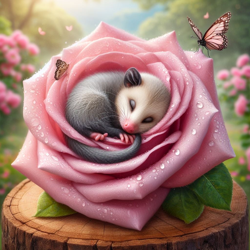Sleeping Oppossum in a pink rose