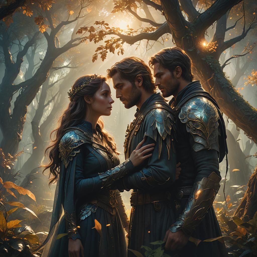 Embracing Couple in Fantastical Realm: Cinematic Oil Paintin...