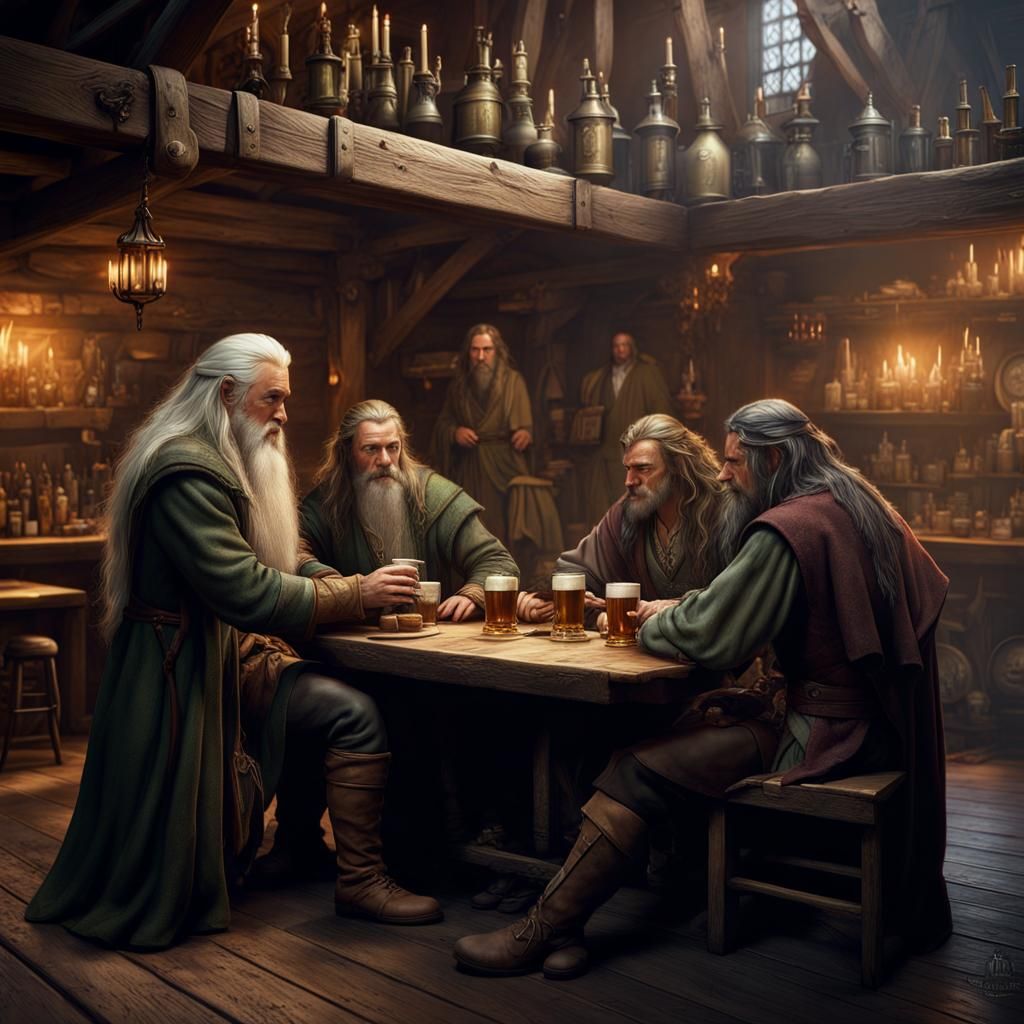 Legolas, Gimli, Aragorn and Gandalf drinking at a tavern - AI Generated ...