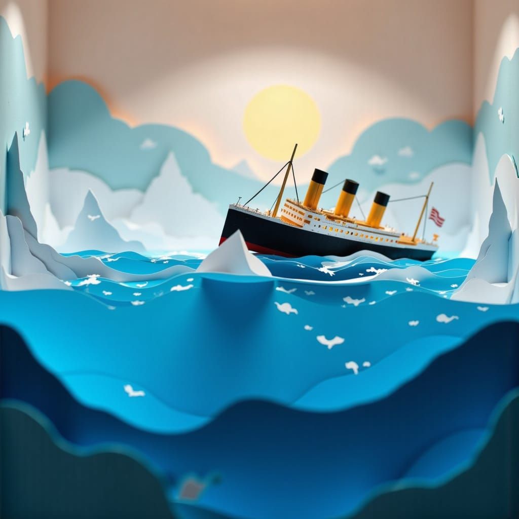 <lora:Shadowbox Cutscape:1.0> papercut diorama of the Titanic hitting the legendary iceberg out at sea