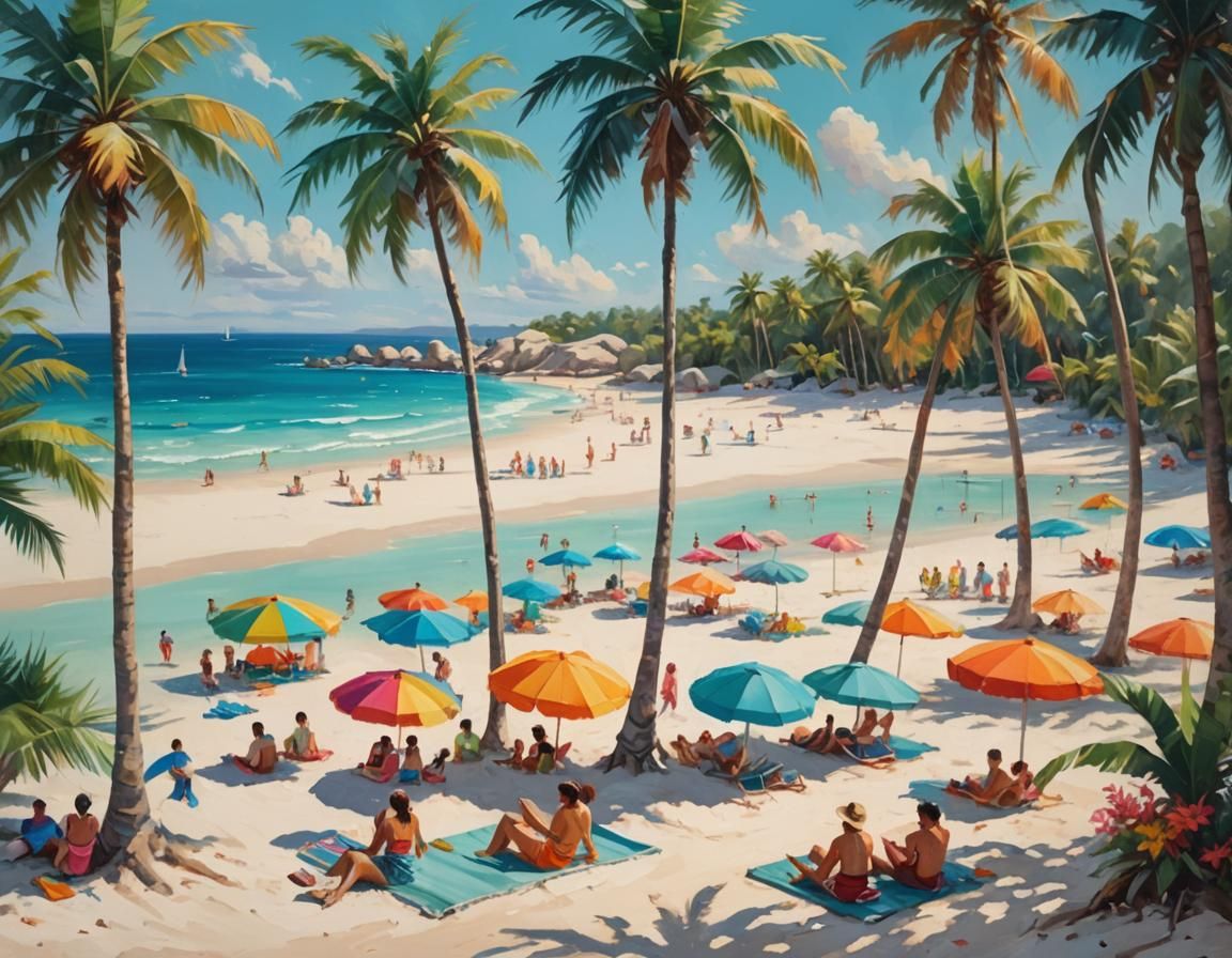 Serenely Vibrant Tropical Beach Scene in Vibrant Oil Paintin...