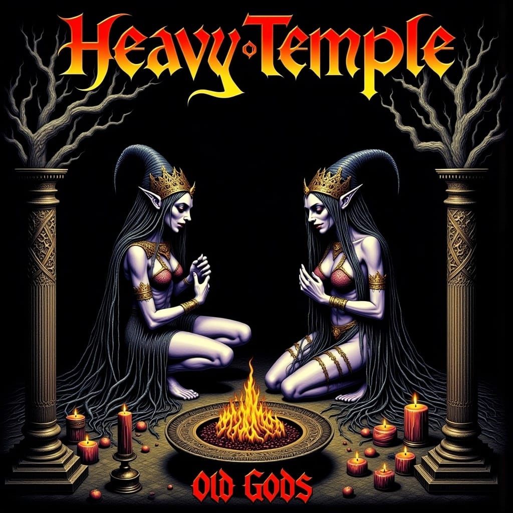 “Heavy Temple” text, scantly clad women dressed as a witch prays before an alter to an ancient god, lit candles, mystic, magic “Old Gods” b...