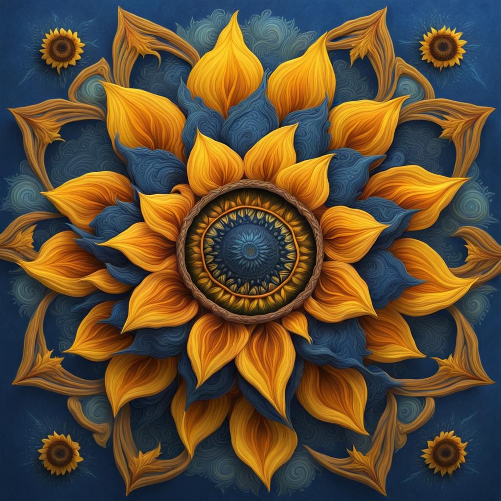 Spiraling sunflower mandala, acrylic paint, blue background  by @SaraW