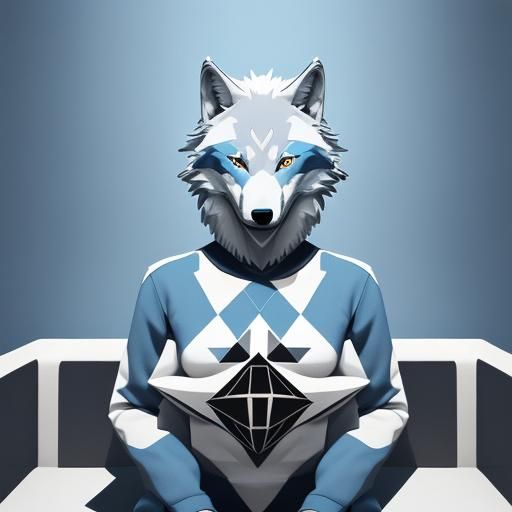 wolf on couch blue white and grey