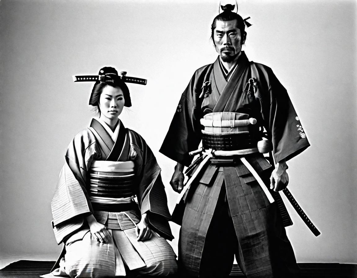 Black and white photo of a samurai and his wife