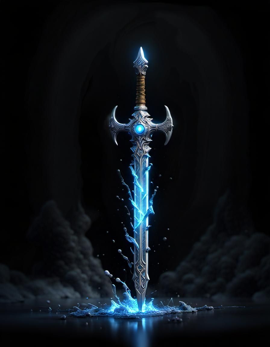 sword made of pure blue ethereal energy, black background; a ...