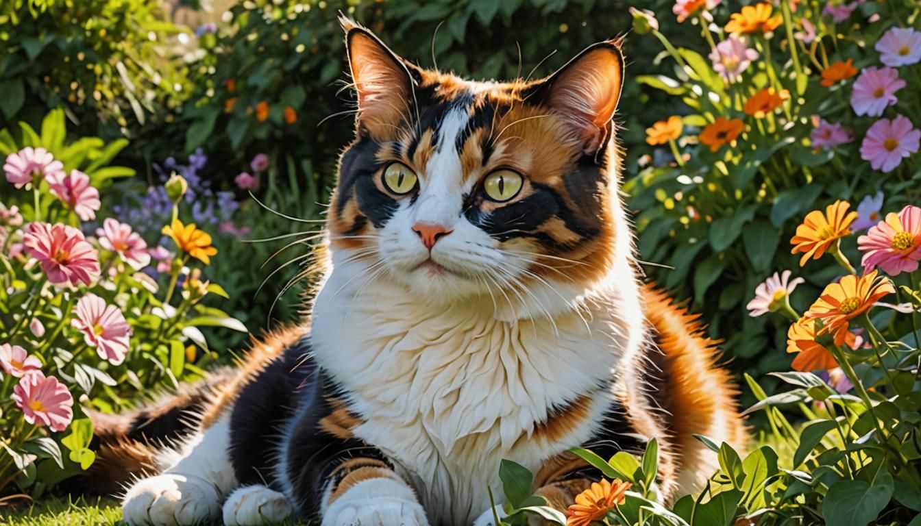 Playful Calico Cat in a Sunlit Garden

Description:

Imagine...