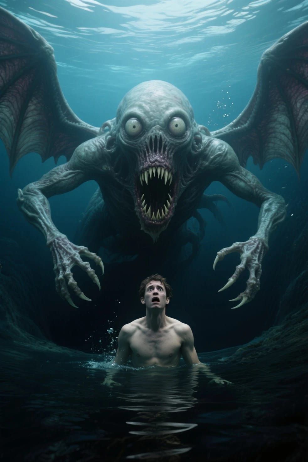 Real life style Cthulhu standing behind a terrified human ma...