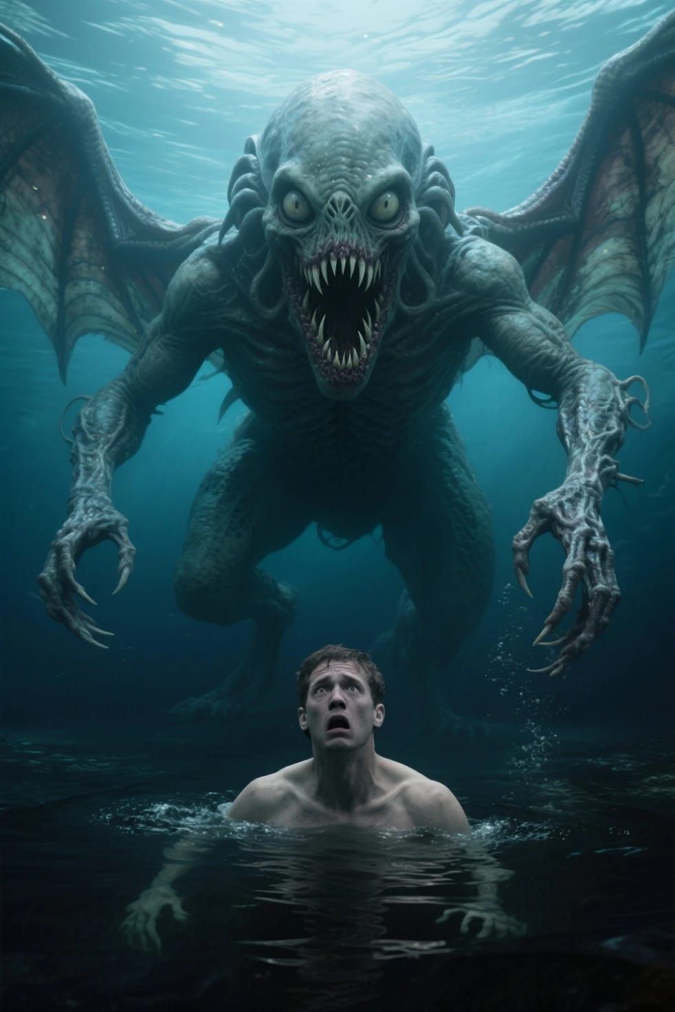 Real life style unbound angry Cthulhu standing behind a terrified human man underwater