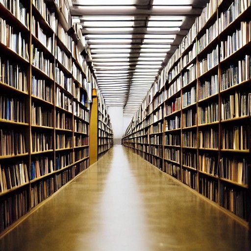 Infinitely long golden library bookshelves disappearing in t...